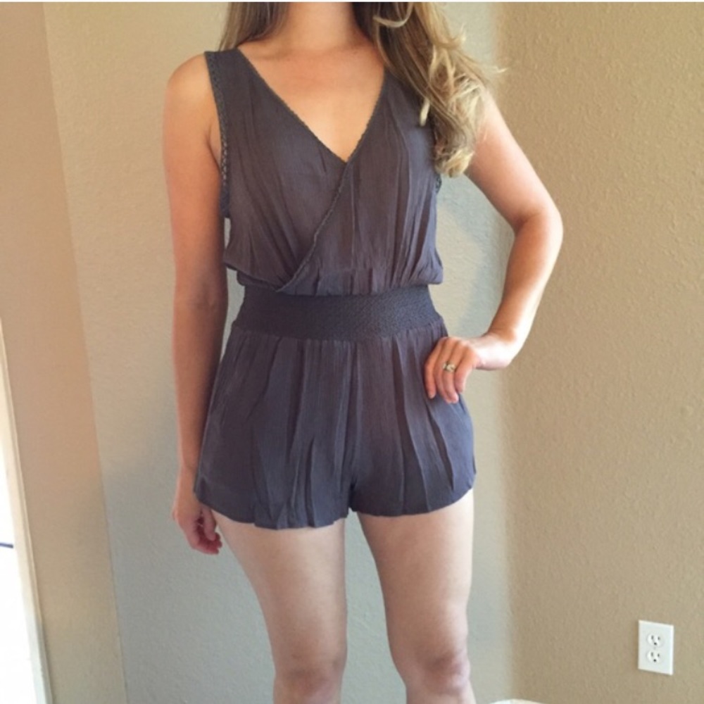•LAST TWO• Charcoal Crepe Synched Surplice Romper